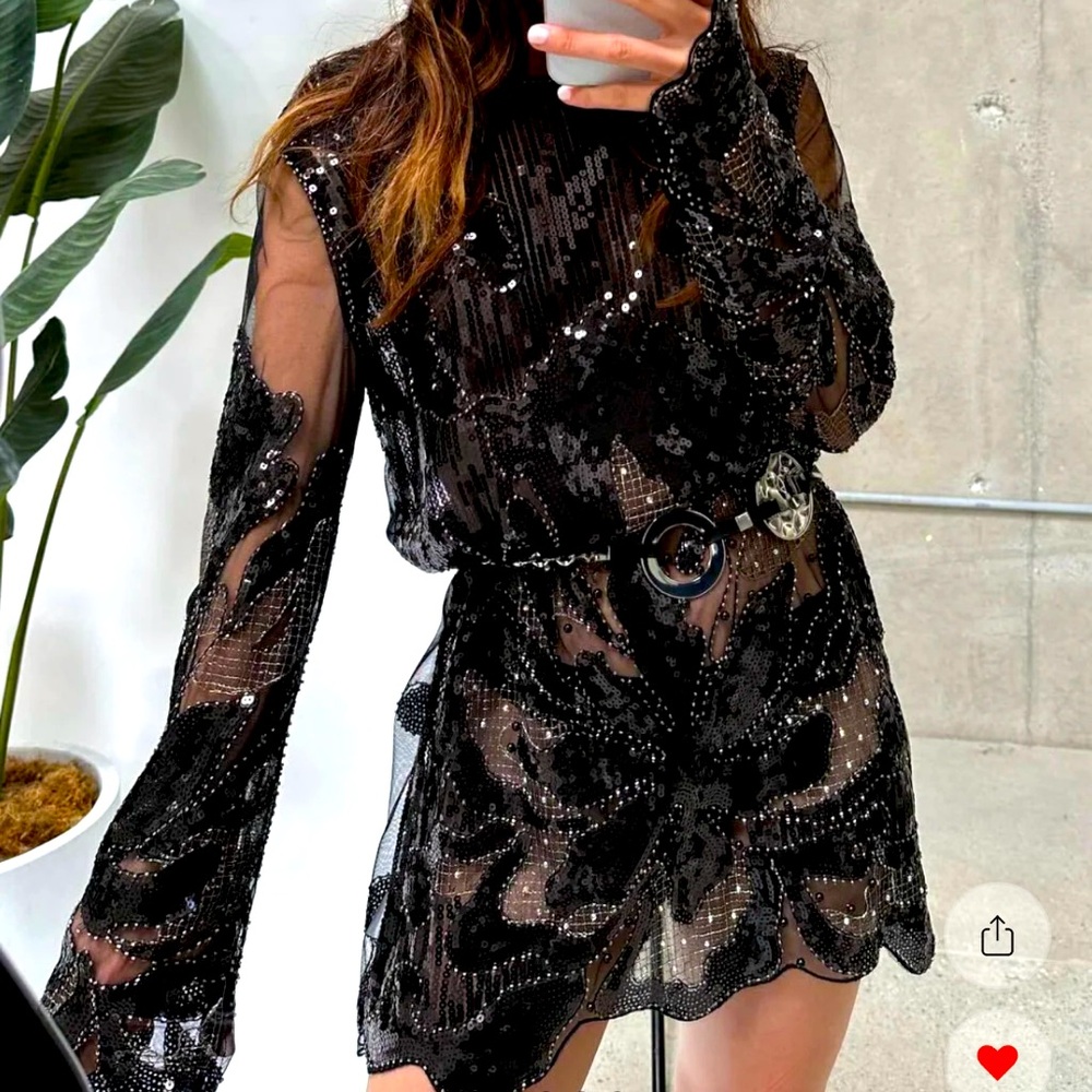 Black Beaded Mini Dress - SIZE M/L